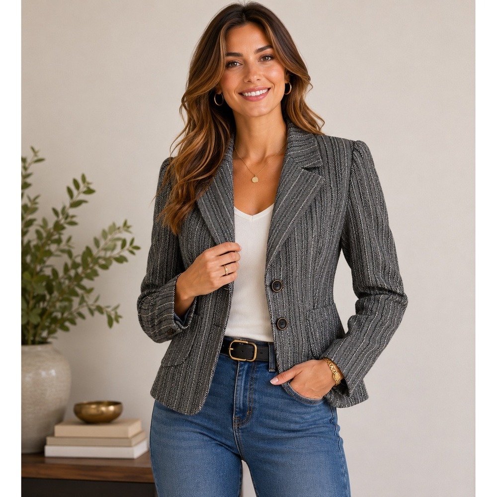 Y2K Banana Republic Blazer Jacket Womens 6 Gray Herringbone Wool Blend Striped